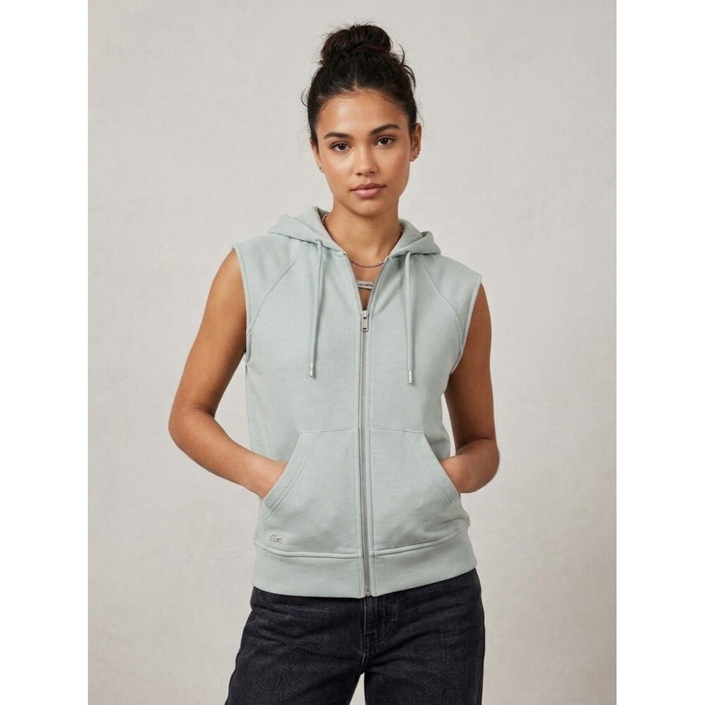 Lacoste Sport Womens Sleeveless Hoodie Vest Full Zip Light Blue Size 38 Medium
